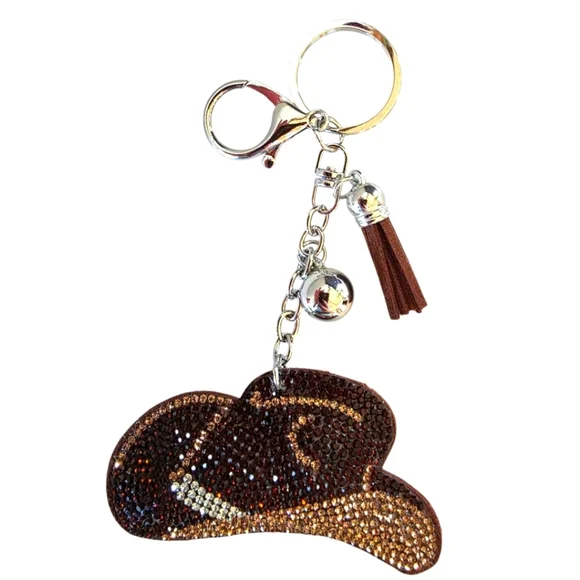 Brown Rhinestone Cowboy Hat Purse Charm keyring - Picture 2 of 3
